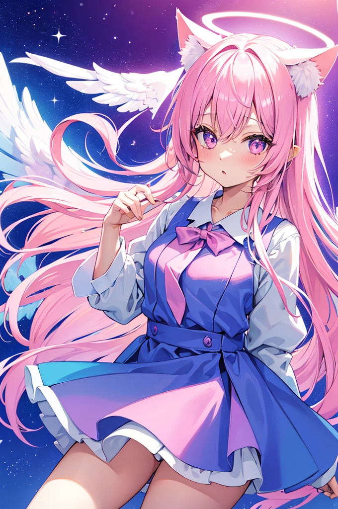 Noa senpai wa tomodachi style,pastel,glitter,Angel ,glowing halo,cat ears,pink long hair,angel wings,