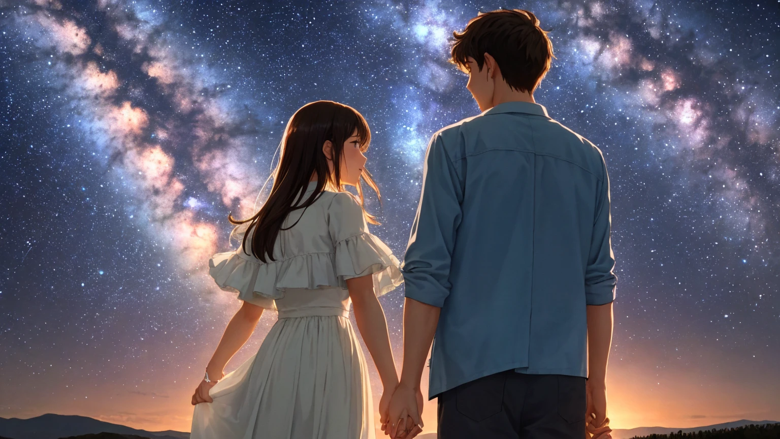 The background is the fantastic Milky Way、Close-up of the upper body of a man and woman standing on a hill, holding hands and looking at each other、Modern attire