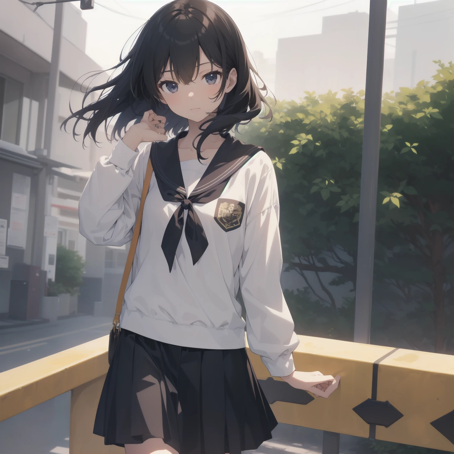 ultra-absurdres-Top quality by artist God, ultra-detailed, high resolution, anime moe artstyle, best anime 8k konachan wallpaper, pixiv contest winner, pool:2810, perfect anatomy,break, 1girl, (Please draw a girl walking sleepily to school alone. )break,(Solo,little female, 13-year-old:1.3),Full limbs, complete fingers,a junior high school student, (very short hair), short cut, flat chest, , small butt, small black eyes, beautiful detailed eyes, well-proportioned iris and pupils, expressive eyes, highres detailed hair, soft expression, salor school_uniform, sailor collar, serahuku, bow, pleated skirt,(Detailed Lighting), (Detailed background), in the School commute route. break,super detailed skin, Best cinematic lighting powered by famous artist, 8k,beauty illustration,photoshop_(medium),very aesthetic,break,((artist:sumiyao_(amam) )), artist:clamp ,artist:carnelian ,artist:kantoku ,

