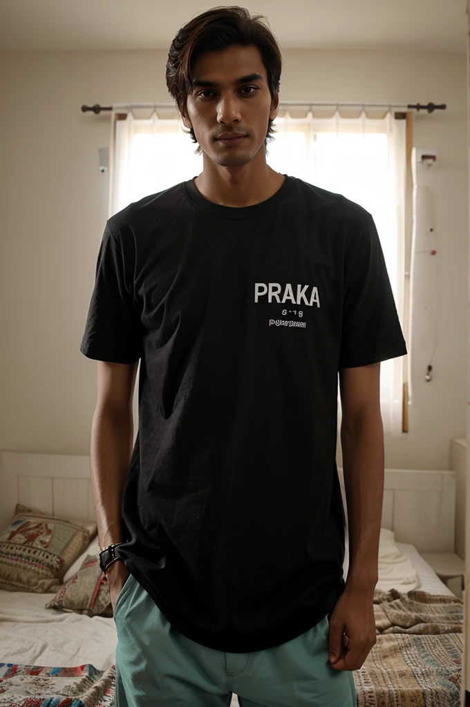 picture of a 165 cm tall guy wearing a shirt that says prakas, photo style behind the camera