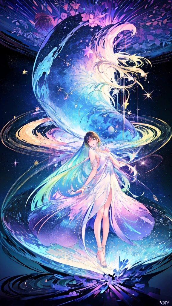 colorful forest, Starry Sky,Sparkling, woman,16K, Ultra-high resolution, Ultra-high resolution, born,Fantastic ,future、Shining in rainbow colors、The world 30 years from now。