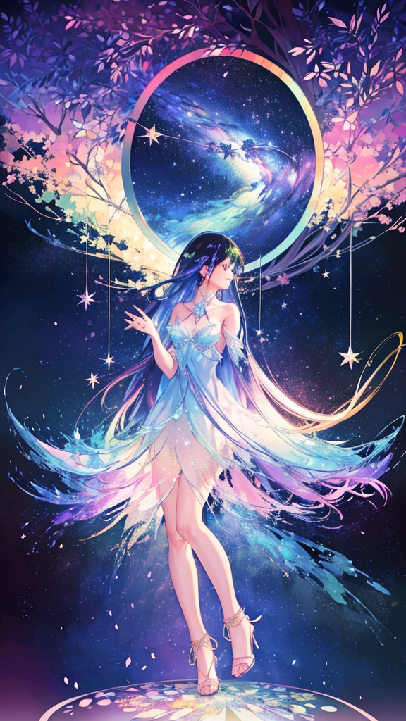 colorful forest, Starry Sky,Sparkling, woman,16K, Ultra-high resolution, Ultra-high resolution, born,Fantastic ,future、Shining in rainbow colors、The world 30 years from now。