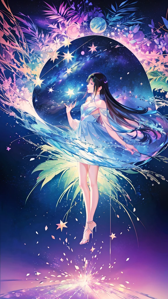colorful forest, Starry Sky,Sparkling, woman,16K, Ultra-high resolution, Ultra-high resolution, born,Fantastic ,future、Shining in rainbow colors、The world 30 years from now。