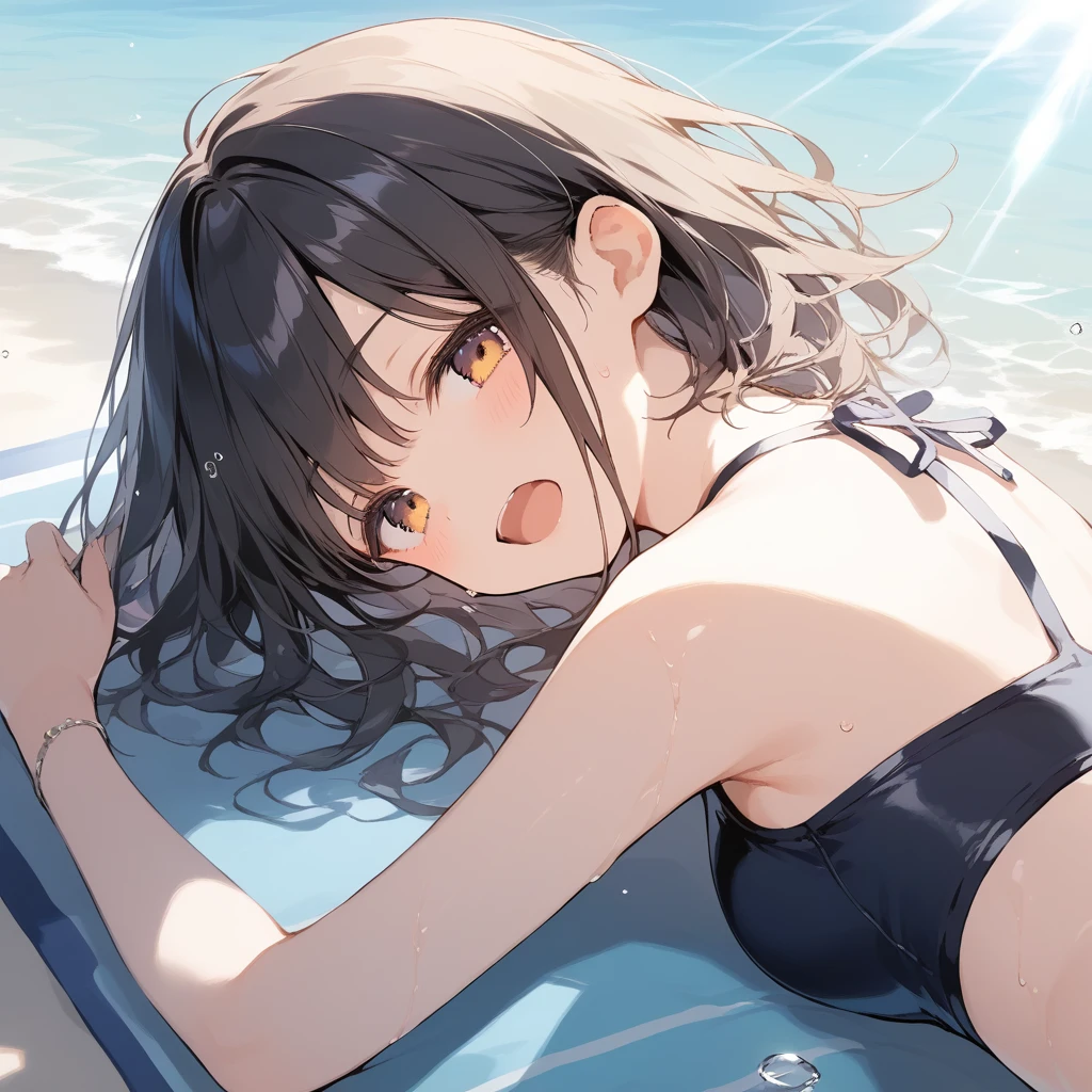 score_9, score_8_up, score_7_up, source_anime, best quality, masterpiece, official art, absurdres, highres, ultra-detailed,waifu2x,Collection: Slice of Life,break,1girl, short hair, medium breasts, beautiful detailed eyes, swimsuit, sweat, open mouth, (yawn:0.3), sleepily, lying, ocean, outdoors, wind, break,(clear line illustration:1.2),very high resolution, very aesthetic, super detailed skin, Best sexual lighting powered by famous artist, 8k,cute picture,beauty illustration,photoshop_(medium),,(Detailed Lighting),best anime 8k konachan wallpaper, pixiv contest winner,
