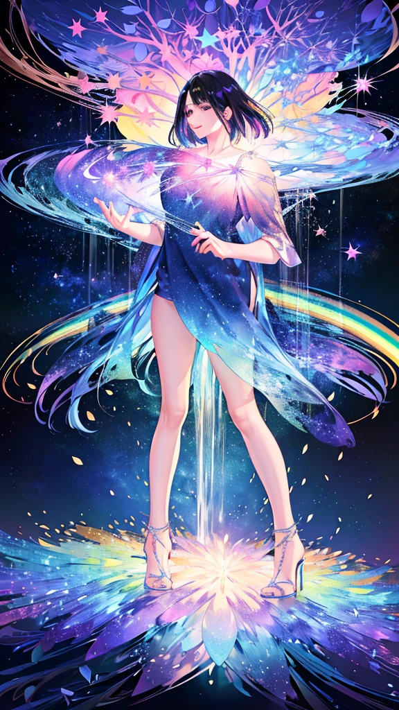 colorful forest, Starry Sky,Sparkling, woman,16K, Ultra-high resolution, Ultra-high resolution, born,Fantastic ,future、Shining in rainbow colors、The world 30 years from now。
