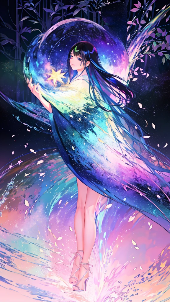 colorful forest, Starry Sky,Sparkling, woman,16K, Ultra-high resolution, Ultra-high resolution, born,Fantastic ,future、Shining in rainbow colors、The world 30 years from now。