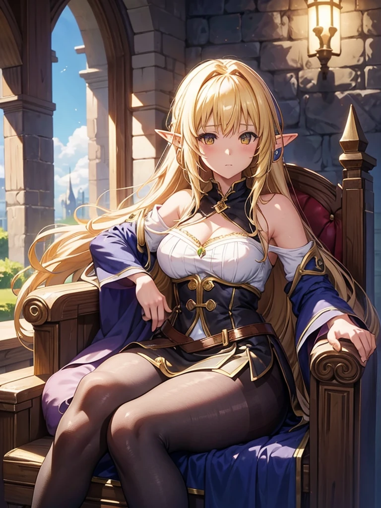 fantasy,archemist,elf girl,thick thighs,blonde long hair,amber eye,sleepy,from front,{{{sitting chair}}},Black pantyhose,night,Atelier