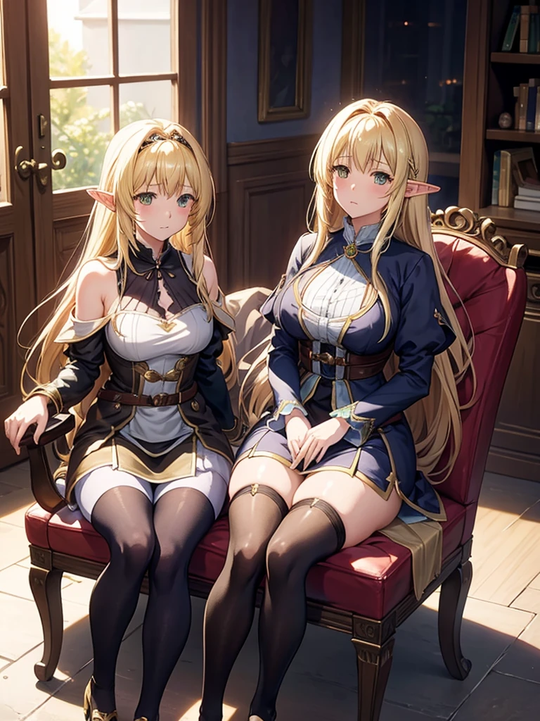 fantasy,archemist,elf girl,thick thighs,blonde long hair,amber eye,sleepy,from front,{{{sitting chair}}},Black pantyhose,night,Atelier