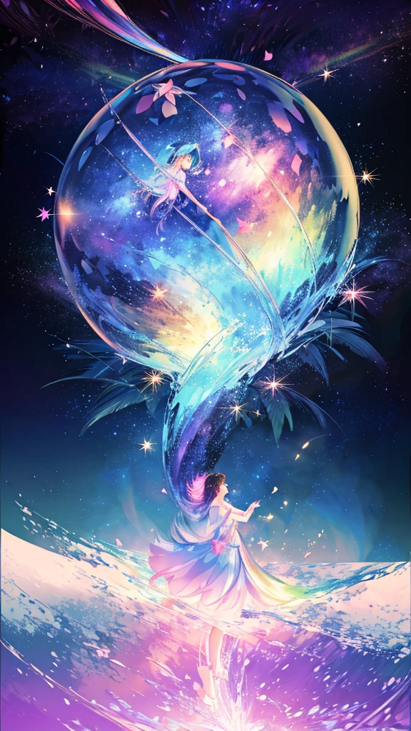 colorful forest, Starry Sky,Sparkling, woman,16K, Ultra-high resolution, Ultra-high resolution, born,Fantastic ,future、Shining in rainbow colors、The world 30 years from now。