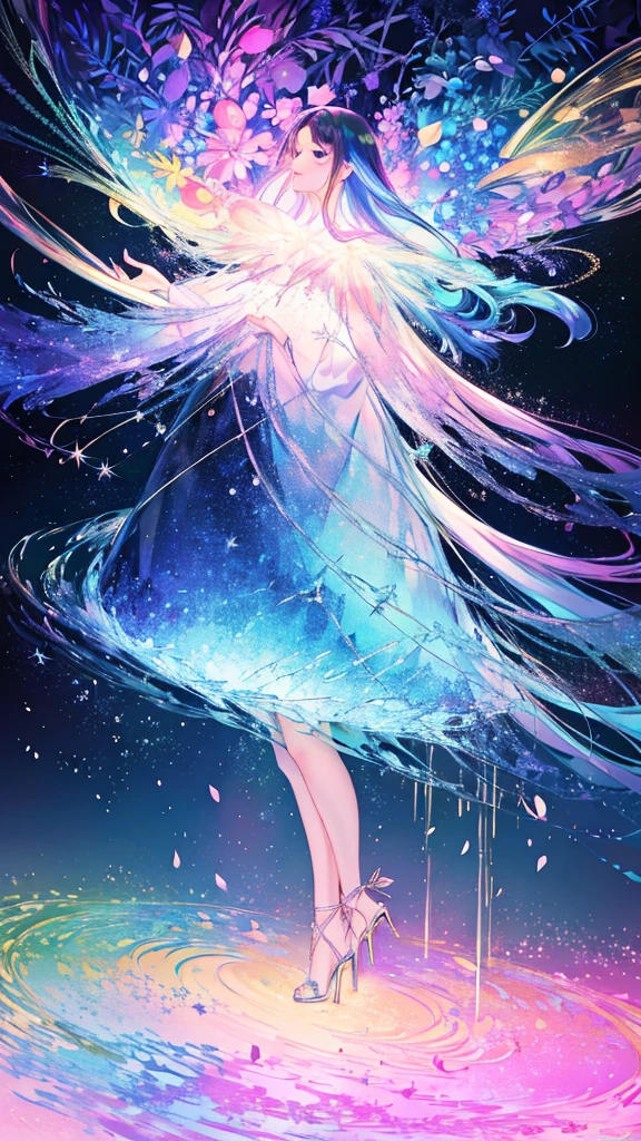 colorful forest, Starry Sky,Sparkling, woman,16K, Ultra-high resolution, Ultra-high resolution, born,Fantastic ,future、Shining in rainbow colors、The world 30 years from now。