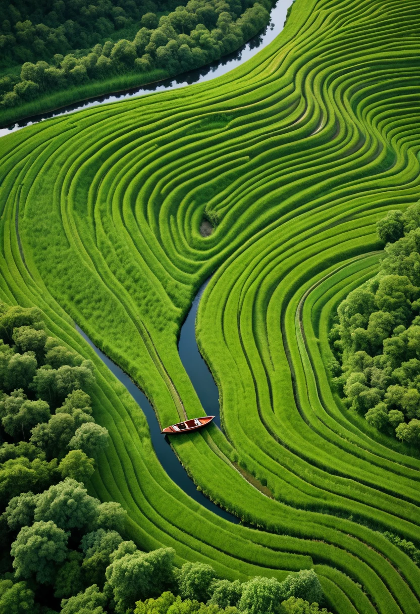 The image captures a spellbinding aerial view of a verdant landscape distinguished by undulating, terraced fields. The rhythmic contours of the green and golden earth create an almost hypnotic flow, curving gently around pockets of dense, dark green foliage. Nestled within these serpentine patterns, a long, narrow, wooden boat rests on what appears to be a narrow waterway, adding a striking contrast with its bright orange hue against the primarily green palette. This boat, seemingly paused in the tranquil setting, invites contemplation on its journey or purpose in such a meticulously organized environment. The overall composition, dominated by bands of colors and the solitary boat, evokes a sense of calm and isolation amidst a natural but highly structured setting. The aerial perspective emphasizes the grand scale and the meticulous arrangement of the fields, suggesting human craftsmanship working in harmony with natural landscapes.