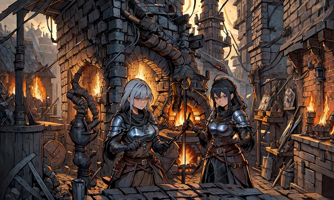 araffes in a blacksmith shop working on a piece of metal, blacksmith, the blacksmith, working in the forge, blacksmith product design, medieval fantasy game art, female blacksmith, detailed game art illustration, forge, smelters, medieval concept art, by László Balogh, 3 d game art, 3d game art