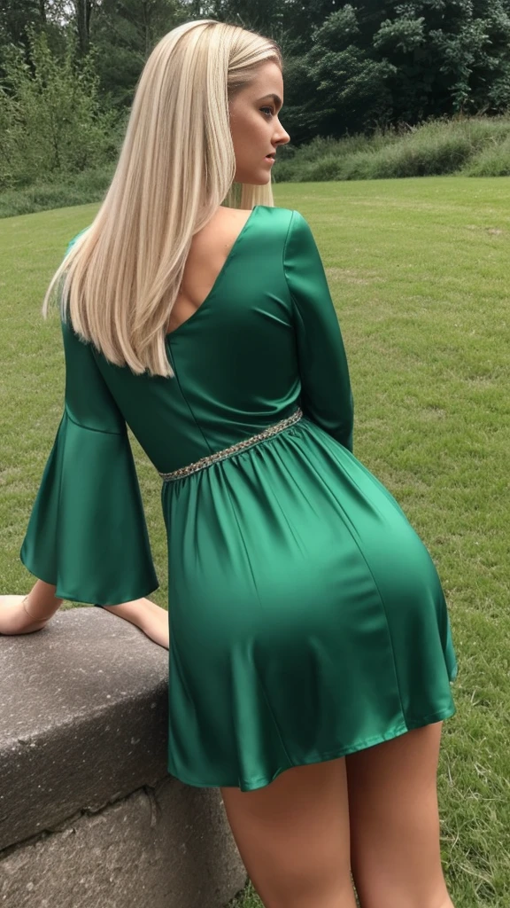 Blonde Woman, grands cheveux blonds, green dress, photo prise de derrière