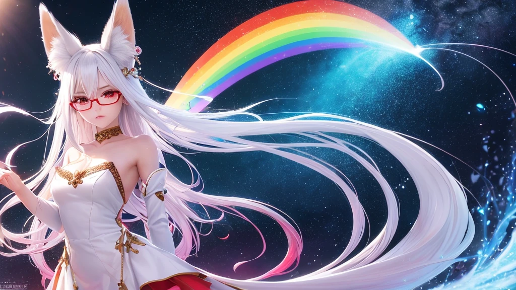 best quality, 8K, original photo, Ridiculous, Extremely detailed, Fox-eared maiden,baby face, No makeup, Provocative expressions,slim, Perfect proportion, White straight hair, (wind, wind-effect), Red Eyes, Various visual styles for backgrounds,combines various artistic elements,like a sparkling iridescent rainbow,Fox tail,Lace dress,wearing glasses