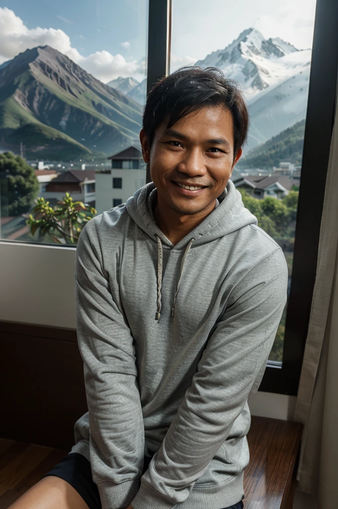 half body photo of a 40 year old Indonesian man wearing a hoodie sitting smiling in a room behind a window with a beautiful mountain backdrop makes for the most beautiful photo. Realistic real photo UHD 16K super focus.