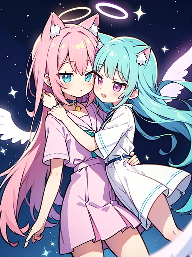 Noa senpai wa tomodachi style,pastel,glitter,Angel shota,glowing halo,cat ears,pink long hair,angel wings,