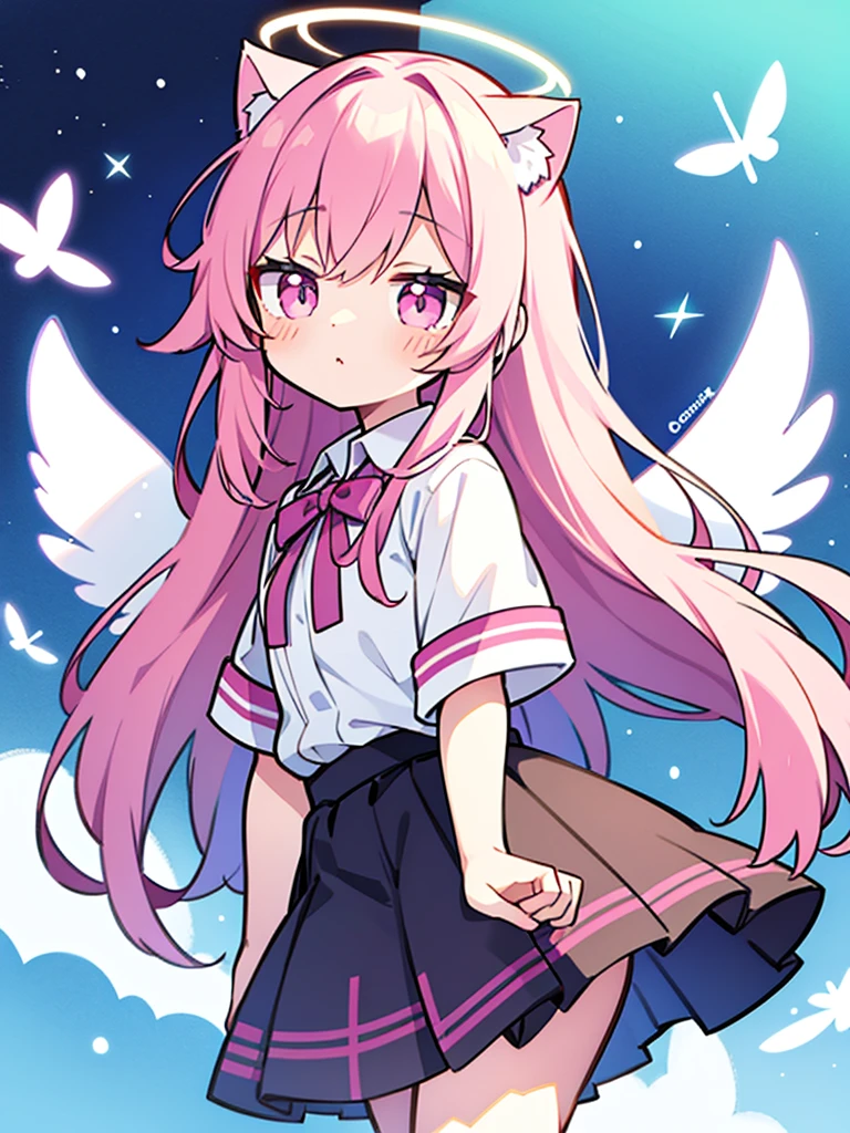 Noa senpai wa tomodachi style,pastel,glitter,Angel shota,glowing halo,cat ears,pink long hair,angel wings,