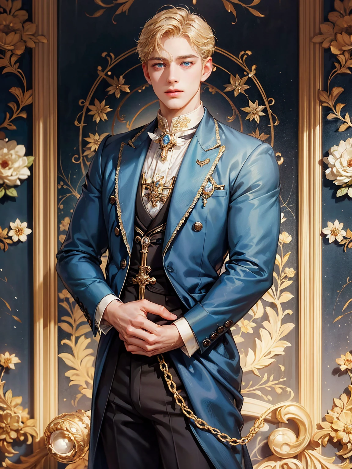 A boy, short blonde hair, wavy hair, sky blue eyes. He wears a Victorian-era man's suit. Handsome boy, detailed eyes, detailed face, detailed hands. He looks at the viewer. He has his hands behind his back. Full figure. Background inside of a hall