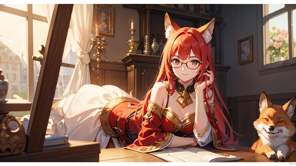 ((Best quality)), ((masterpiece)), (detailed), best quality,8K,original photo,This is a perfect face,Red Fox Maiden,touch fox,Castle Background, Liveliness. Carefree happy joy bokeh background. Quiet aesthetics. Soft lighting. Artistic Lighting. Gold frame glasses