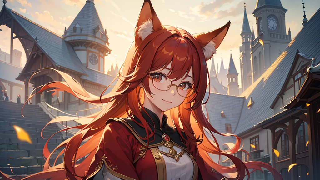 ((Best quality)), ((masterpiece)), (detailed), best quality,8K,original photo,This is a perfect face,Red Fox Maiden,touch fox,Castle Background, Liveliness. Carefree happy joy bokeh background. Quiet aesthetics. Soft lighting. Artistic Lighting. Gold frame glasses