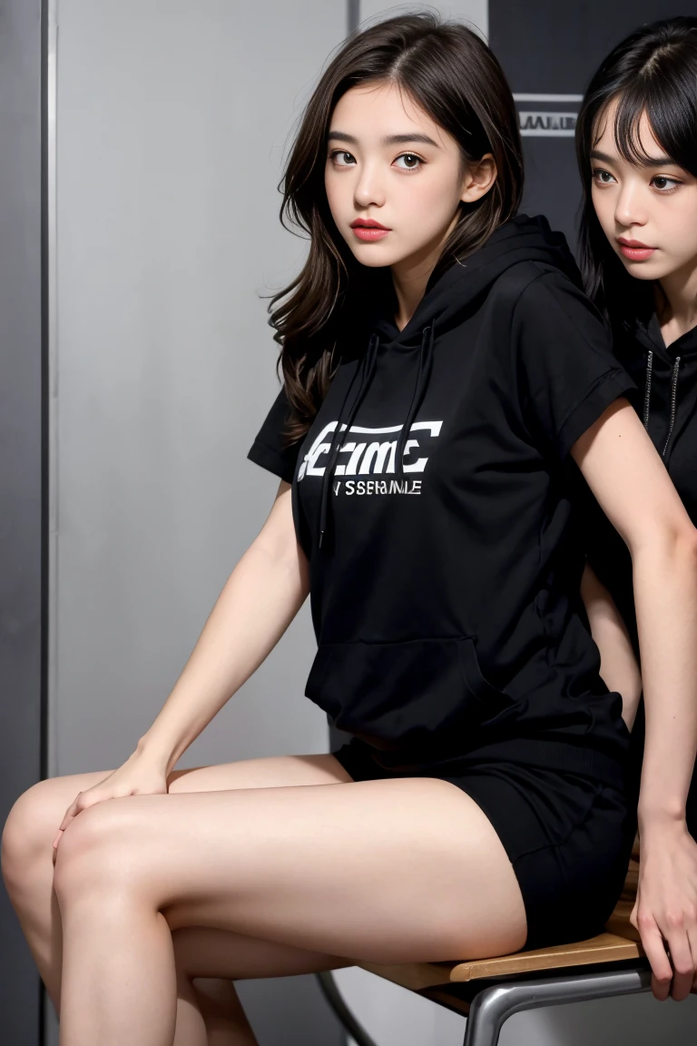 deux femmes ensemble de 18 ans sexy et mince , black short sleeve hoodie , salle de classe, se touche,position sey,sensuel