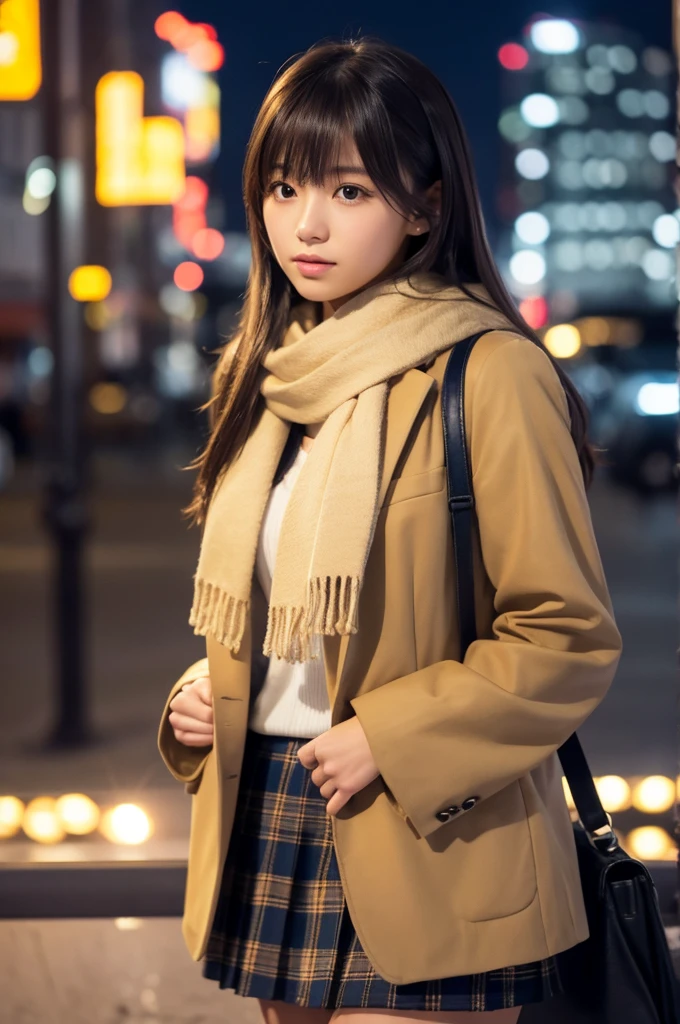 A realistic, photo-style image of a beautiful 20-year-old Japanese woman standing outside at night in an urban setting. She has long, straight hair with bangs and is wearing a Japanese high , consisting of a navy blue blazer, white blouse, and plaid skirt. She is also wearing a cozy, thick scarf in shades of yellow and beige. The background features city lights and blurred buildings, creating a vibrant yet soft bokeh effect that emphasizes her presence. The focus is sharply on her, with the background artistically blurred. Her expression is calm and slightly pensive, capturing a moment of quiet reflection amidst the bustling cityscape. The overall scene conveys a sense of warmth and serenity against the lively urban backdrop.