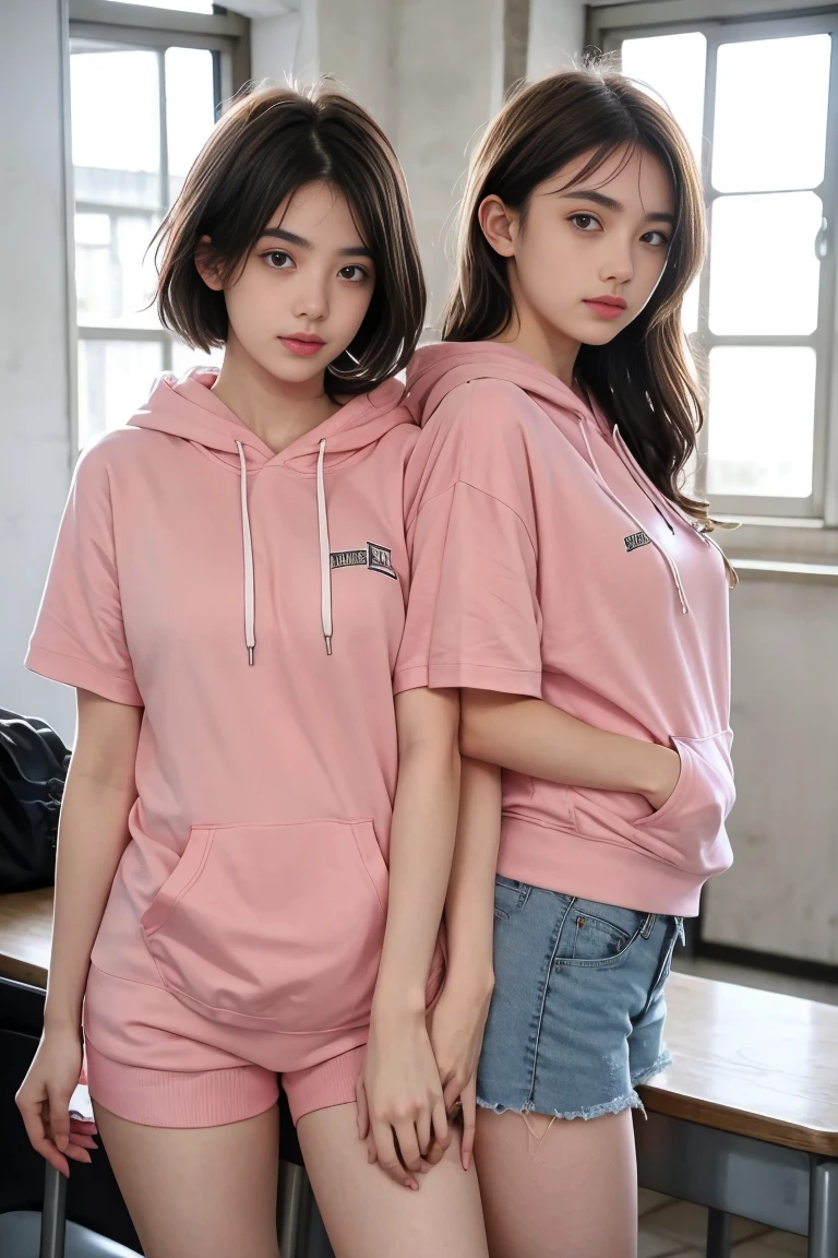 deux femmes ensemble de 18 ans sexy et mince , pink short sleeve hoodie , salle de classe, se touche,position sey,sensuel