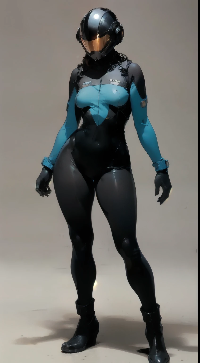 (best quality, masterpiece, ultra-realistic), (full body image), 1woman, solo, extremely stylized, deviant art, masterpiece, highly detailed, futuristic, Gloss, (silicone skinsuit:1.4), boots, small breasts, entire body image, full body shot, perfect anatomy, accurate anatomy, ((wide hips)), super hero, ((scifi helmet)), ((small helmet)),