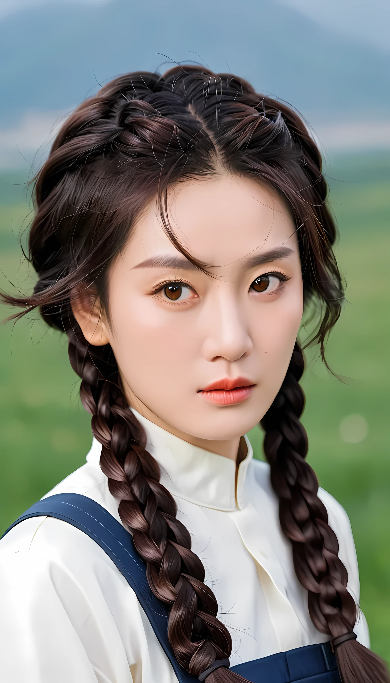 Movie Posters,single,The most true,Maximum resolution,Face resolution,(((Braided hairstyle: 1.5)),science fiction,Science Fiction,Adapted from《base》,Front view,angry,Middle-aged people,40-year-old female,Black one-sided hairstyle,Brown eyes,(Reference to the White Family Collection :1.5),Standing in the middle of an open meadow，Breeze in the wind,High-quality images