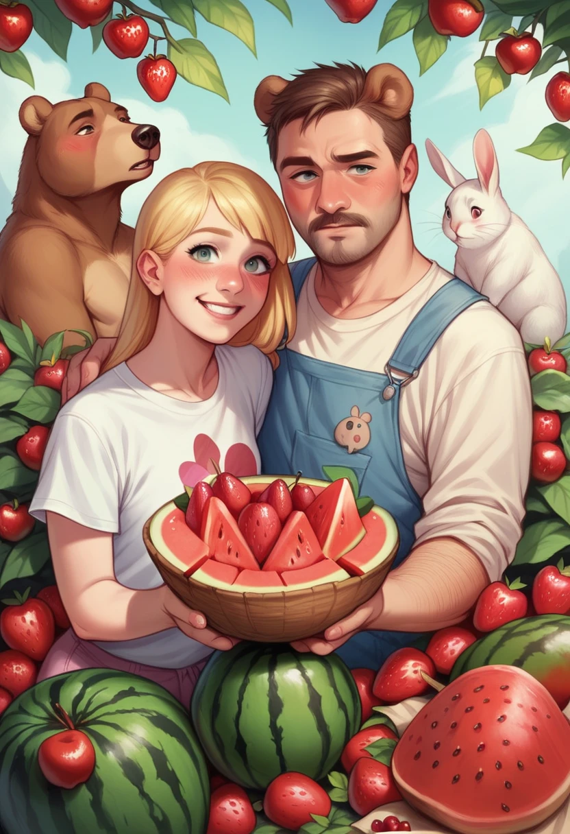Crayon Monster、Rabbit, Realistic, Hairy, Animals in clothes, apple, Bear, blush, cherry, food, fruits, whole body, Have, Non-human, strawberry, tomato, watermelon、