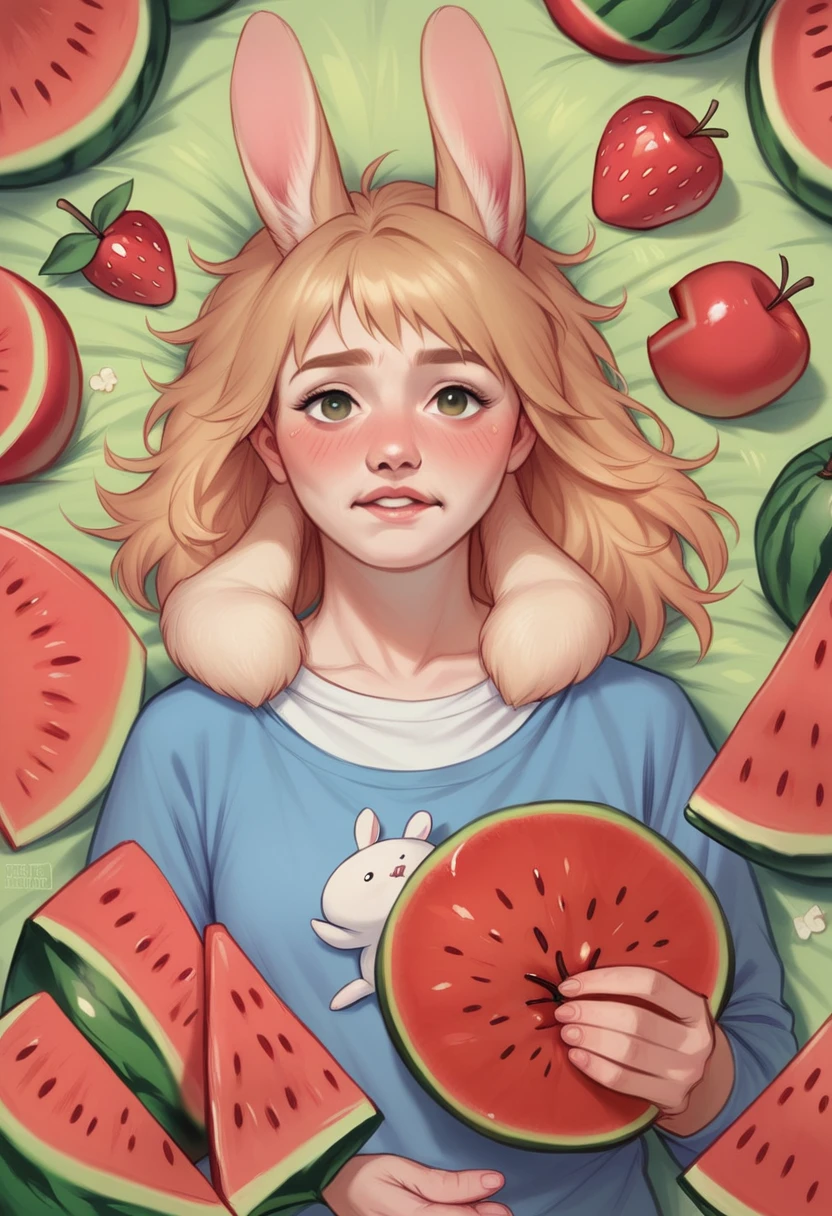 Crayon Monster、Rabbit, Realistic, Hairy, Animals in clothes, apple, Bear, blush, cherry, food, fruits, whole body, Have, Non-human, strawberry, tomato, watermelon、