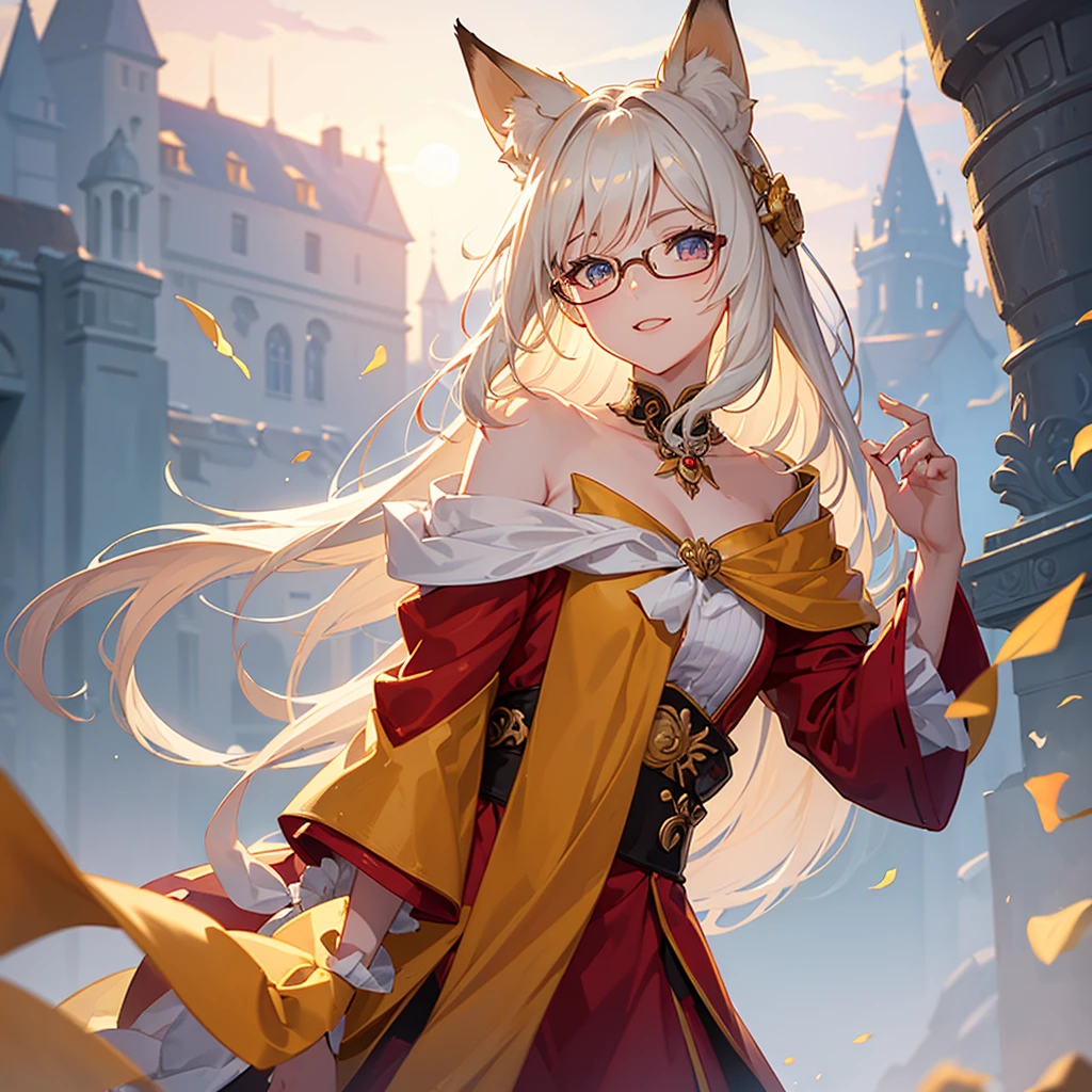 ((Best quality)), ((masterpiece)), (detailed), best quality，8K，original photo，This is a perfect face，Fox-eared maiden，touch fox，Castle Background， Liveliness. Carefree happy joy bokeh background. Quiet aesthetics. Soft lighting. Artistic Lighting. wearing glasses