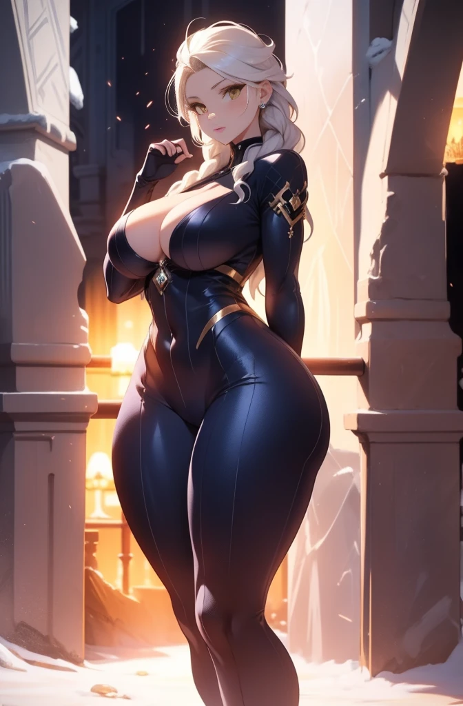 female, solo, young, sexy body, voluptuous figure, tightsuit, white hair, decolored blonde hair, ice effects around, ice queen, beautifull face, long hair, defined body, yellow and bright eyes, thick legs, strong legs, tall, Voluptuous legs, huge ass, big hip, big ass, female sorcerer, blue and black robes, long hair