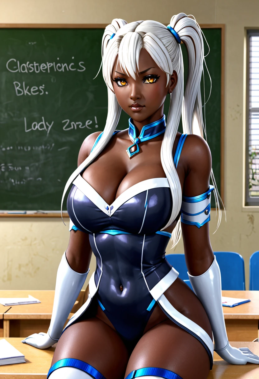 (masterpiece:1.2, best quality), 1lady Storm solo, , classroom, day, sit, white, twintails, white eyes, open collabone, darkskin, (huge open breasts:1.1),