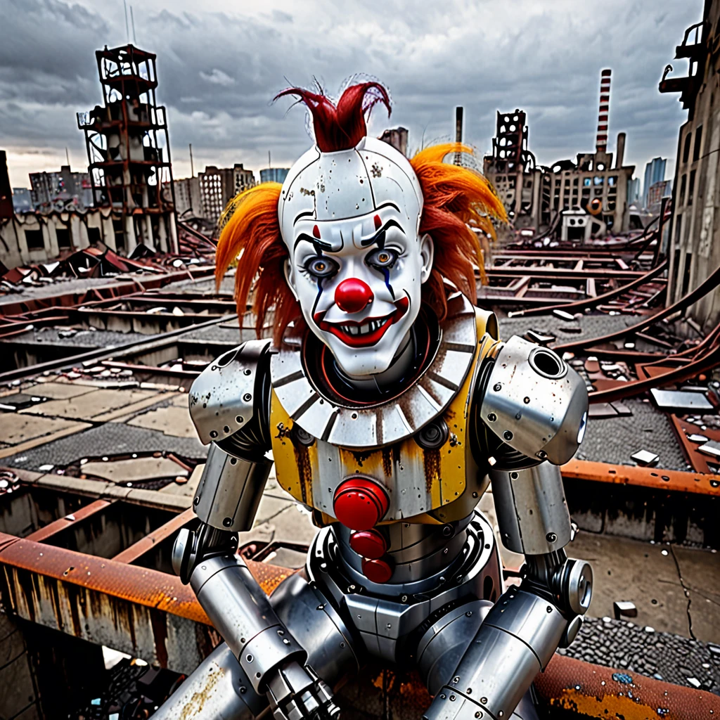 postapocalyptic photography, extreme high angle, a robotic clown in a ruined cityscape, mechanical melancholy, emotionless face, rusted parts, devastated city, broken lighting, overcast dawn, desolation, rust and steel, scattered focus, debris effects, apocalyptic theme, far future, shot on Nikon Z7 II, telephoto lens, 200mm, H.G. Wells style, futurism dystopian, mechanical despair, jagged metal, cracked concrete, isolation, despondency, city of clowns, fragmented vision