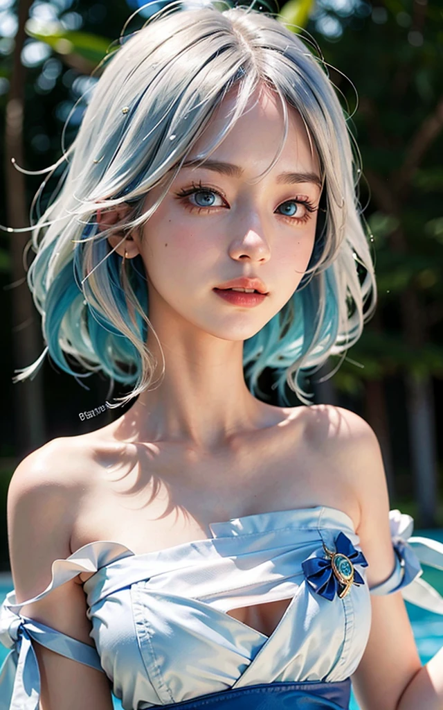 Furina from Genshin Impact) 18 years old, (Raw photo, Best Quality), (Realistic, Photorealsitic:1.3), masterpiece, Extremely delicate and beautiful, Soft light, (blue and white hair, Shoulder-length straight hair swaying in the wind), Beautiful detailed girl, (Detailed fingers), extremely detailed eye and face, beautiful detailed nose, Beautiful detailed eyes, 1 girl, Japanese, Neat and clean beauty, Cute, young, (medium breasts), Realistic face, Realistic body, cute smile