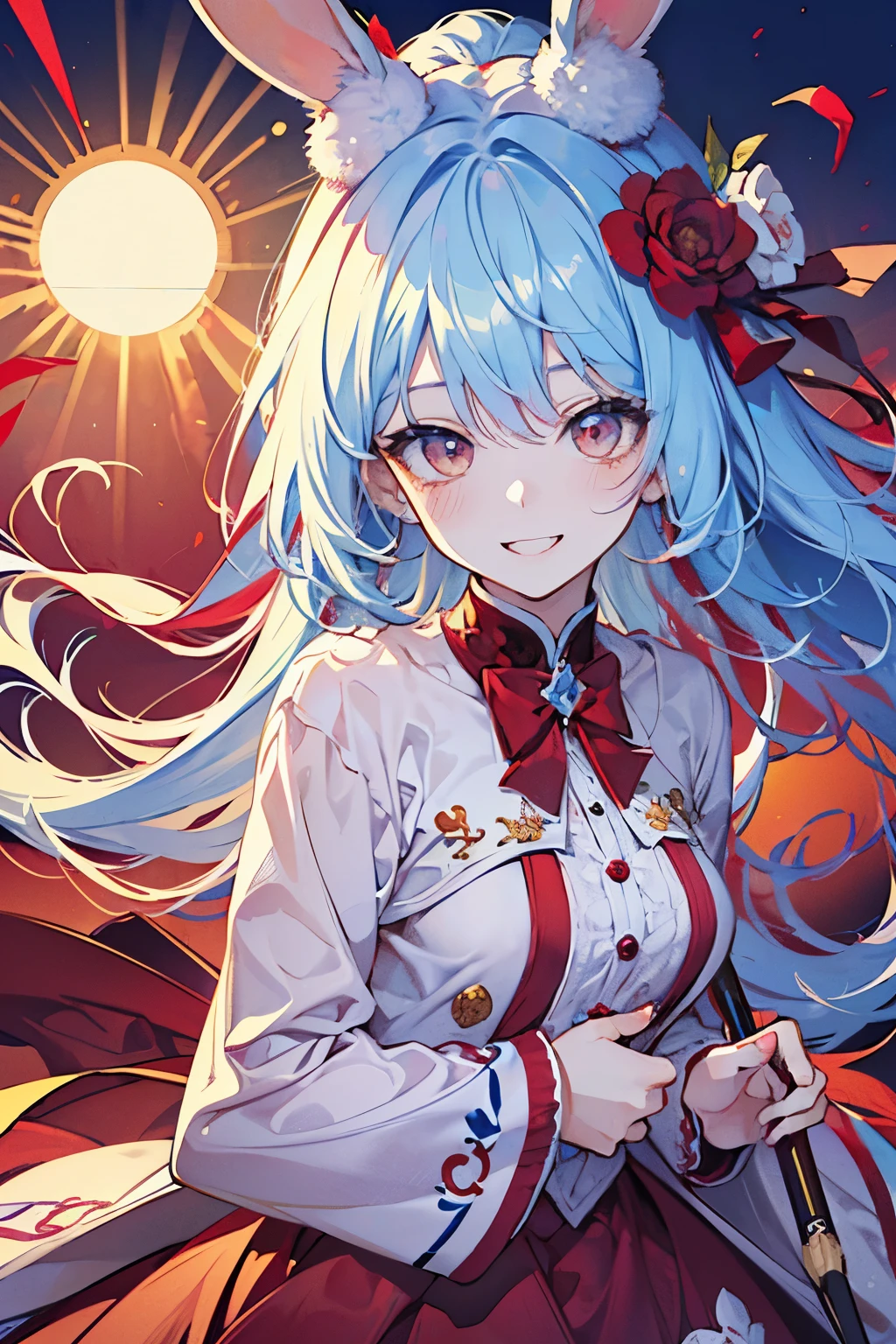chibi character,Rabbit motif,(brush),((cute,kawaii,wonderland)),((pastel color)),((Cute assortment)),(A bright red smile),((Bizarre:1.3)),Shiny beige hair,(Rainbow),((Angel:1.2)),((Angel of Slaughter:1.25)),((The bright red morning sun:1.25)).