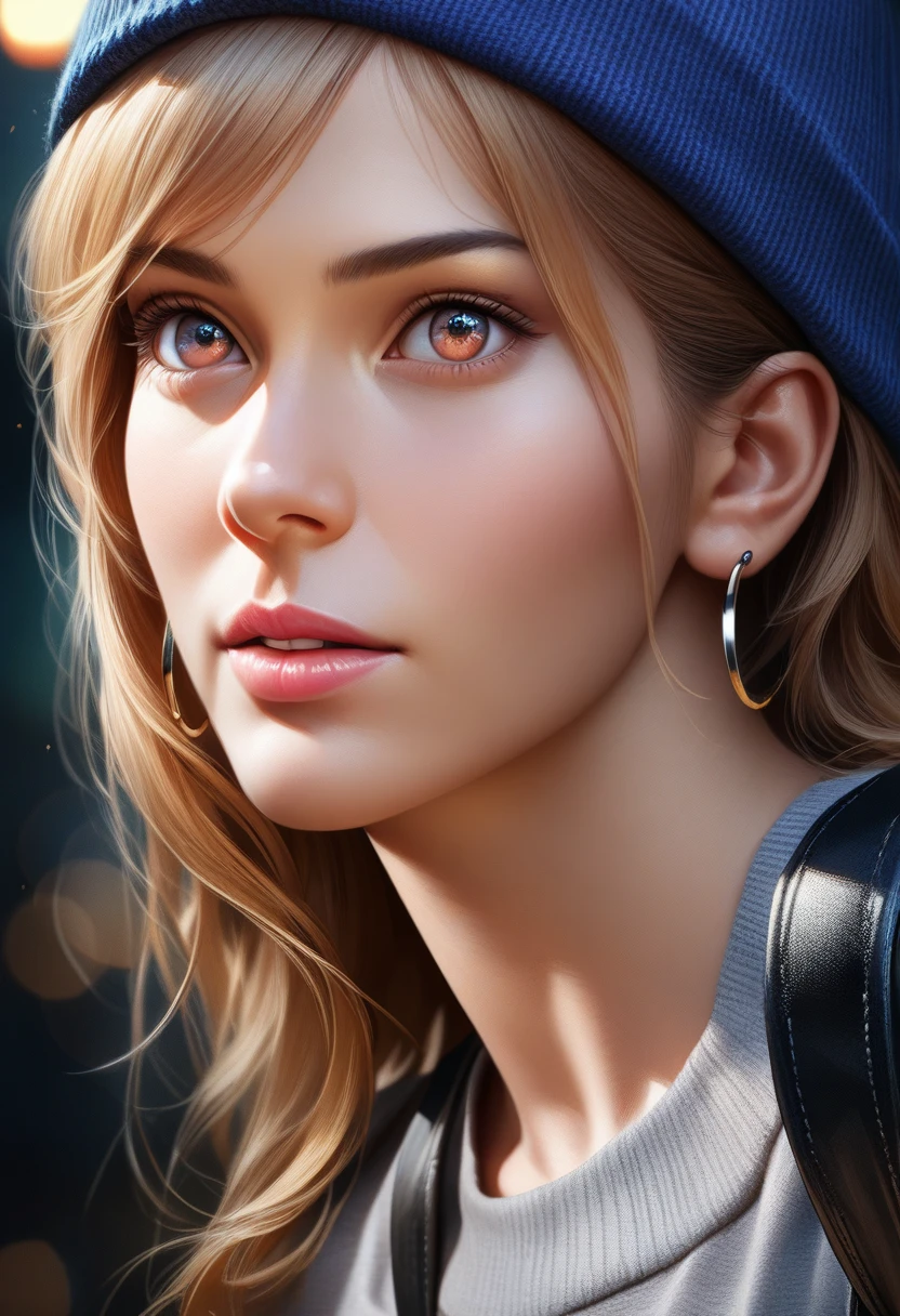 A woman with long wavy blonde hair, wearing a blue beanie hat, cozy oversized grey sweater, skinny jeans, white sneakers, hoop earrings, black leather backpack, beautiful detailed eyes, beautiful detailed lips, extremely detailed eyes and face, long eyelashes, (best quality, 4k, 8k, highres, masterpiece:1.2), ultra-detailed, (realistic, photorealistic, photo-realistic:1.37), HDR, UHD, studio lighting, ultra-fine painting, sharp focus, physically-based rendering, extreme detail description, professional, vivid colors, bokeh, photography, street style, casual fashion, natural lighting