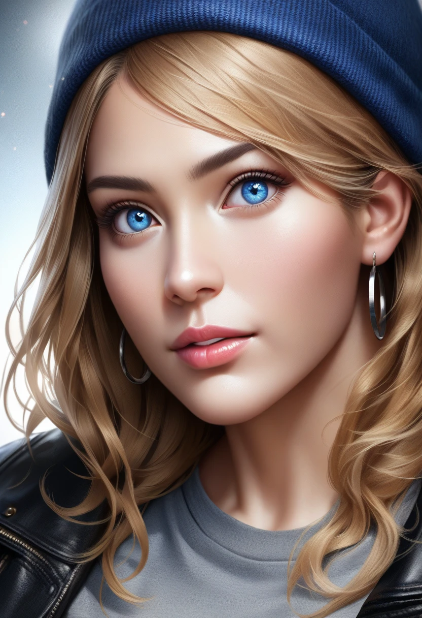 A woman with long wavy blonde hair, wearing a blue beanie hat, cozy oversized grey sweater, skinny jeans, white sneakers, hoop earrings, black leather backpack, beautiful detailed eyes, beautiful detailed lips, extremely detailed eyes and face, long eyelashes, (best quality, 4k, 8k, highres, masterpiece:1.2), ultra-detailed, (realistic, photorealistic, photo-realistic:1.37), HDR, UHD, studio lighting, ultra-fine painting, sharp focus, physically-based rendering, extreme detail description, professional, vivid colors, bokeh, photography, street style, casual fashion, natural lighting