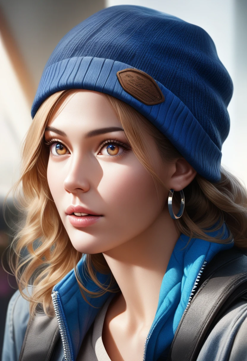 A woman with long wavy blonde hair, wearing a blue beanie hat, cozy oversized grey sweater, skinny jeans, white sneakers, hoop earrings, black leather backpack, beautiful detailed eyes, beautiful detailed lips, extremely detailed eyes and face, long eyelashes, (best quality, 4k, 8k, highres, masterpiece:1.2), ultra-detailed, (realistic, photorealistic, photo-realistic:1.37), HDR, UHD, studio lighting, ultra-fine painting, sharp focus, physically-based rendering, extreme detail description, professional, vivid colors, bokeh, photography, street style, casual fashion, natural lighting