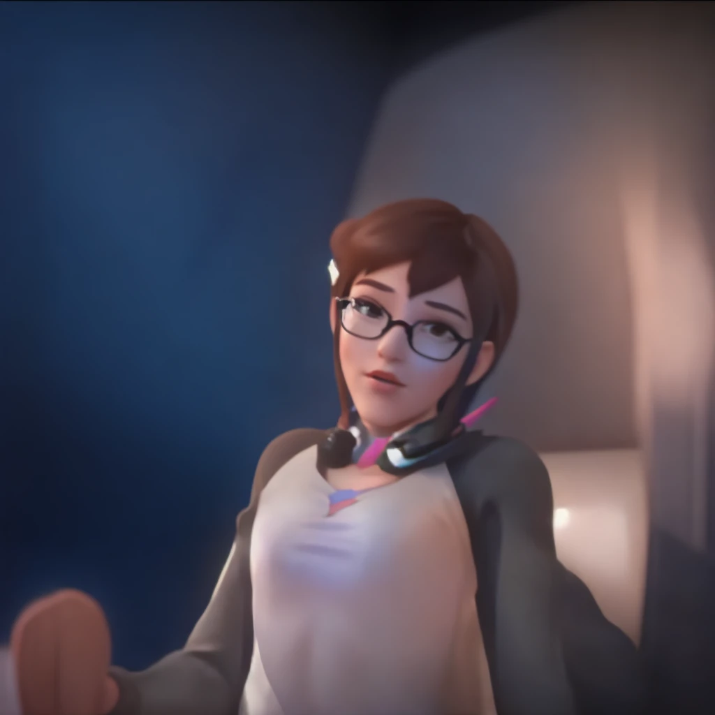 DVA from Overwatch enjoying, 1 girl solo in her bedroom, a white t shirt, round glasses, tied up short brown hair, nsfw