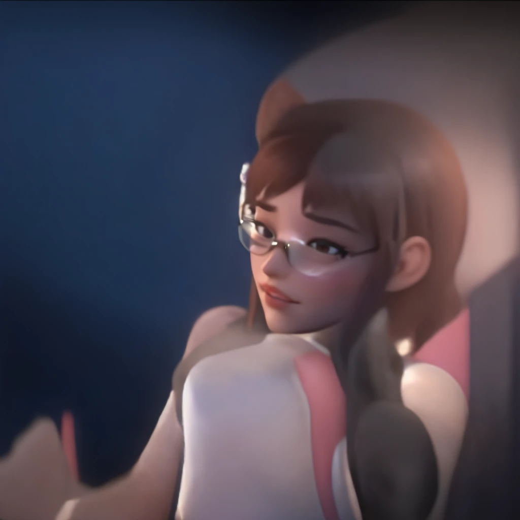 DVA from Overwatch enjoying, 1 girl solo in her bedroom, a white t shirt, round glasses, tied up short brown hair, nsfw