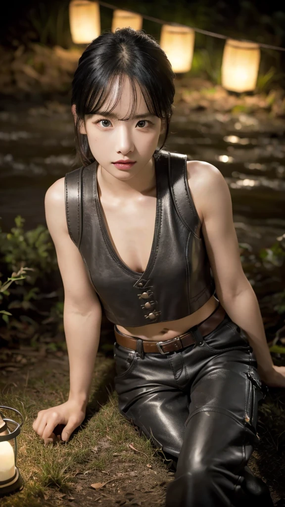 sky full of stars, charismatic, topless leather vest, boots, camping, backpack, army cargo trousers, sitting model pose, river, lanterns, night, extremely detailed eyes, extremely detailed face, best quality, extremely detailed, one person, one girl, ultra-detailed, (realistic, photo-realistic:1.3)