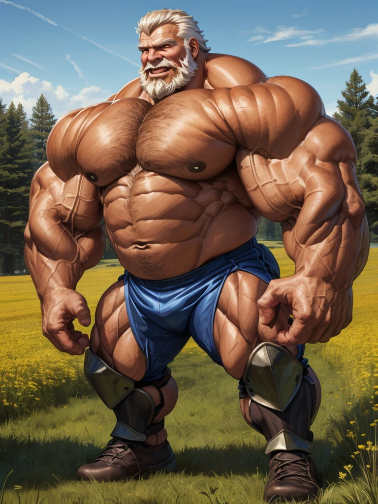 huge muscular old man in meadow, wearing armor, battle fields, white and short hair, white beard, old, old man, grandpa, (huge muscular), detailed muscles, 8k, masterpiece:1.2, hyper realistic, highly detailed full body, ((really big muscle, massive muscular, sixpack, thick arms, wide pectoral, super huge muscle, hyper muscular, over sized muscle, huge arms, big arms, huge pectoral)), natural lighting wrinkled skin, happy expression