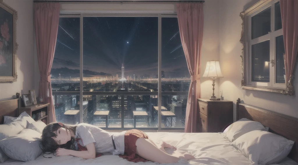 Highest quality（８ｋ）masterpiece、Similar to Anochan（2.0)、Time: Night（1.8）Lying on a bed by the window, holding a calico cat（1.8）Clothing is high school uniform（1.8）The night view can be seen from the window（1.8）、A room in a high-rise apartment with very large windows（1.8）It&#39;s dim in the room.（1.8）、One girl、Very cute、Best Style、Hairstyle（long（1.8））The room is a high school girl&#39;s room（1.8）、There are no curtains、１７age、Firm and refreshing々Fresh skin。Plump legs、eye（Super detailed　1.8）Wearing makeup(2.0）、Dependent、