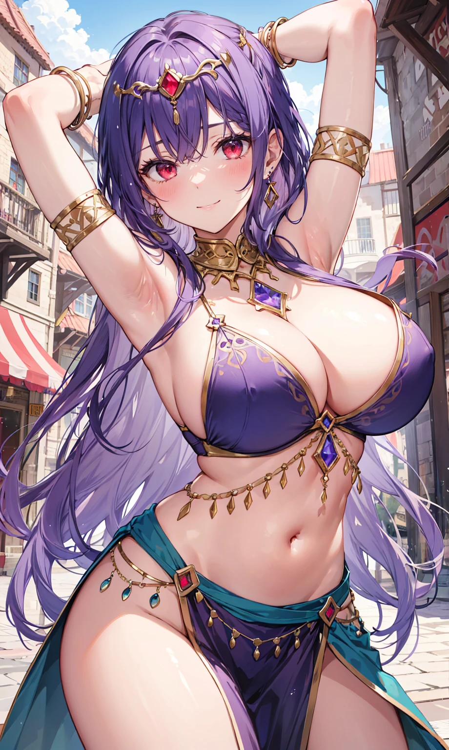 high quality, ultra detailed, best quality, insanely detailed, beautiful, masterpiece, 1girl, medieval plaza, cowboy shot, red eyes, long hair, purple hair, belly dancer, circlet, earrings, armlets, bracelets, bashful smile, large breasts, cleavage, soft stomach