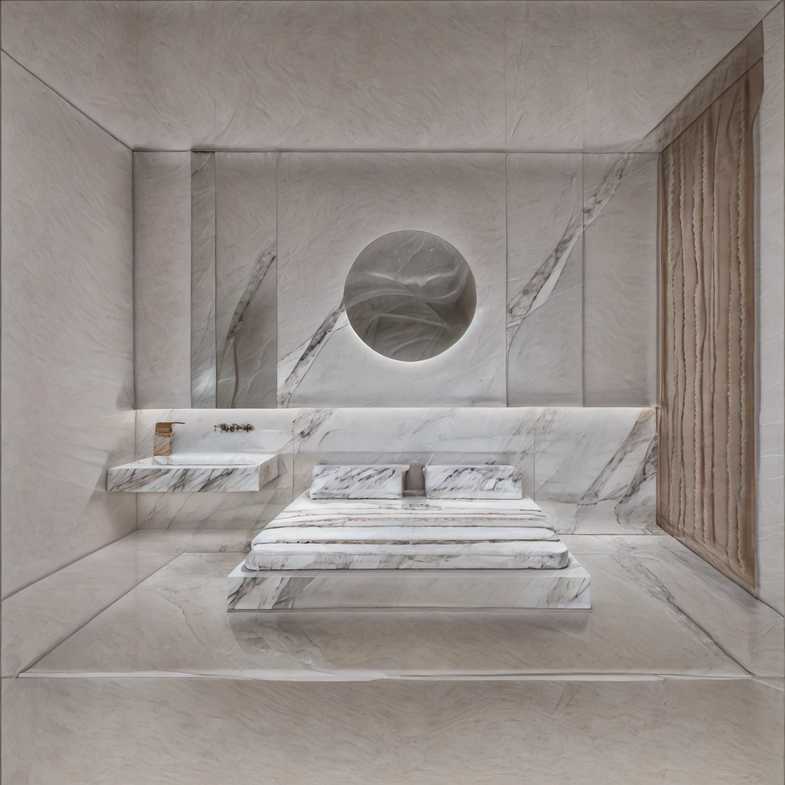 1 bedroom, modern style, 1 bed, white wall, marble floor, 1 dressing table, 1 bức tranh trang trí hình tròn:1.2, 1 white fur rug:1.3, daylight