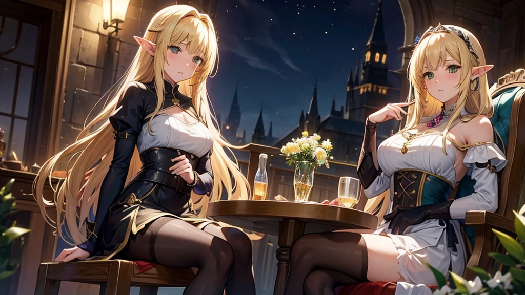 sister,synmetry,fantasy,archemist,elf girls,thick thighs,blonde long hair,amber eye,sleepy,from front,{{{sitting chair}}},Black pantyhose,night,Atelier