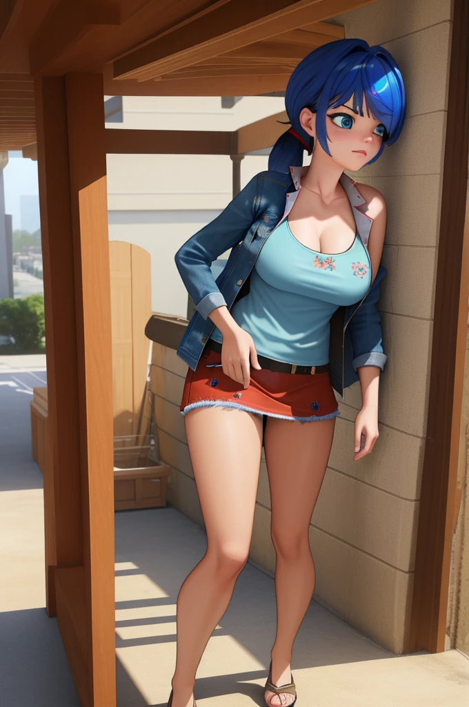 (8k, RAW photo, best quality, masterpiece:1.2), (intricate details), perfect eyes, perfect face, perfect lighting, beautiful, (masterpiece:1.2), (best quality:1.2), 1girl, solo, marinette, blue hair, (( hair in ponytail, bangs over one eye )), adult torso, 19 years old, angry, huge sized breasts, (tank top, denim jacket, red skirt), cowboy shot, 3DMM, standing, front view, 