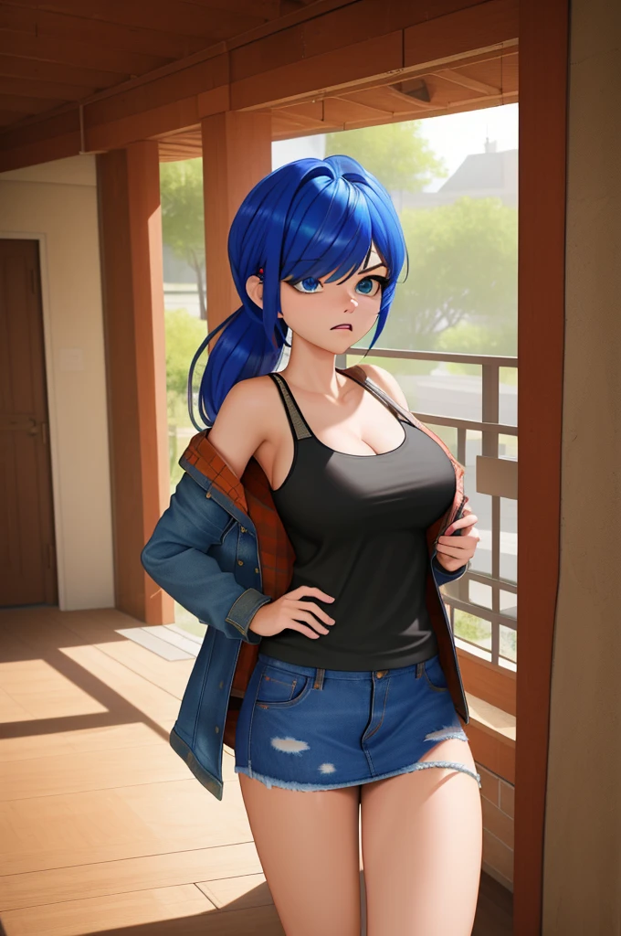(8k, RAW photo, best quality, masterpiece:1.2), (intricate details), perfect eyes, perfect face, perfect lighting, beautiful, (masterpiece:1.2), (best quality:1.2), 1girl, solo, marinette, blue hair, (( hair in ponytail, bangs over one eye )), adult torso, 19 years old, angry, huge sized breasts, (tank top, denim jacket, red skirt), cowboy shot, 3DMM, standing, front view, 